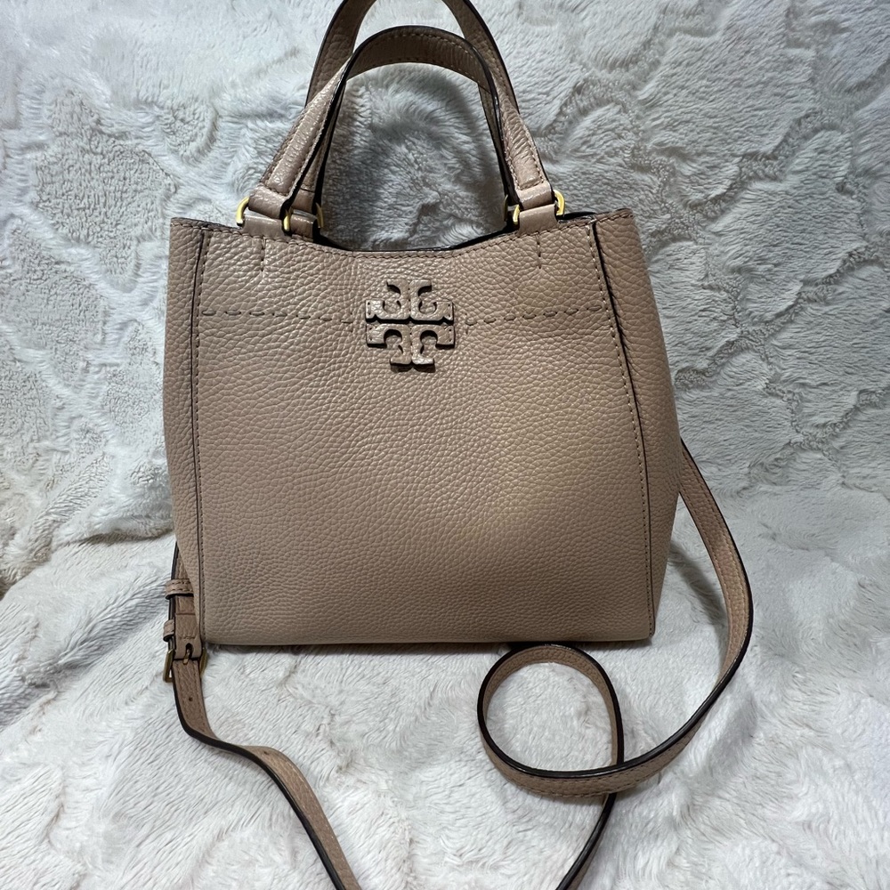Tory Burch taupe bag with crossbody strap. 10 1/2 x 9 1/2.